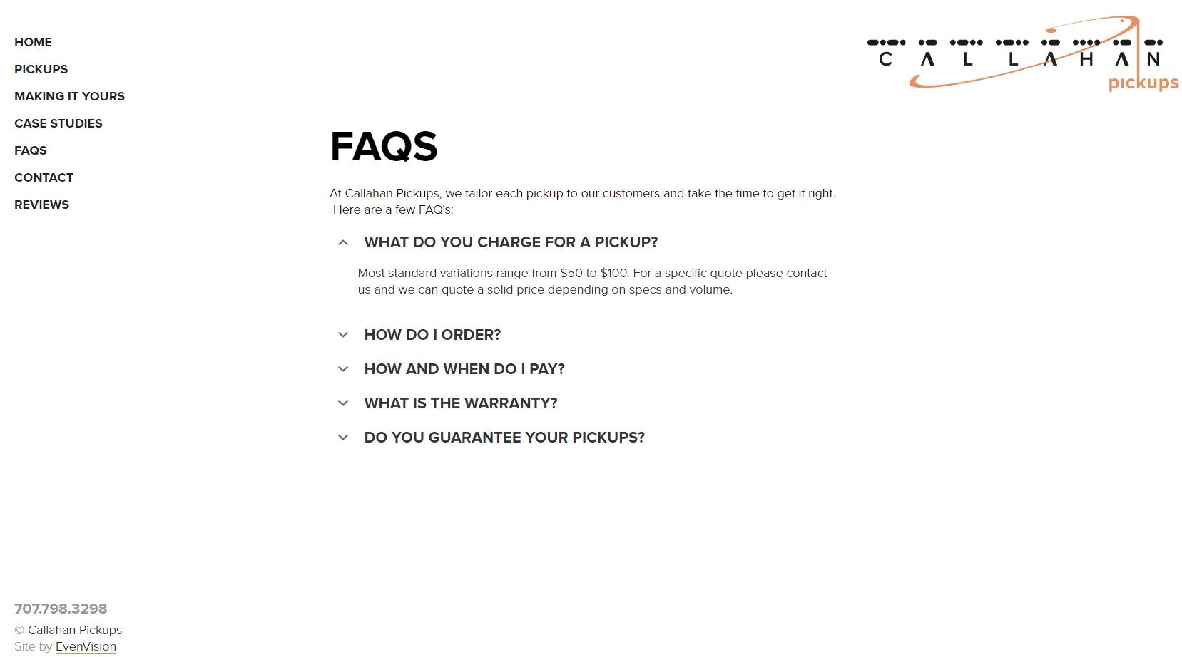 Example of Callahan Pickups Website interior page Example of Callahan Pickups Website interior page